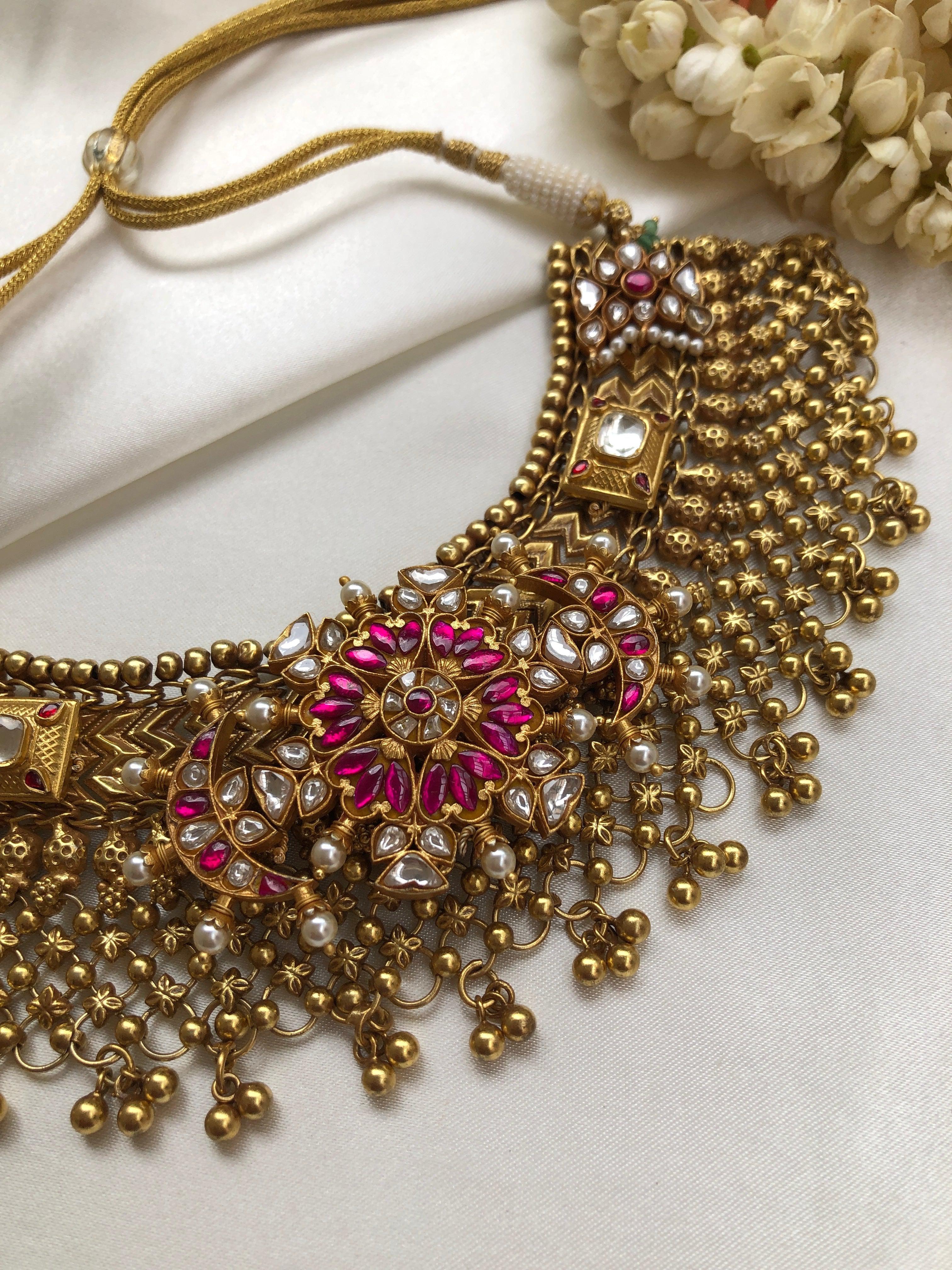 Kundan ruby with gold antique polish heavy necklace-Silver Neckpiece-PL-House of Taamara