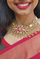 Kundan ruby with gold antique polish heavy necklace-Silver Neckpiece-PL-House of Taamara