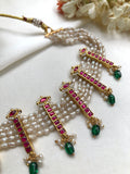 Kundan ruby with rice pearls antique style mala 5 lines necklace (MADE TO ORDER)-Silver Neckpiece-PL-House of Taamara