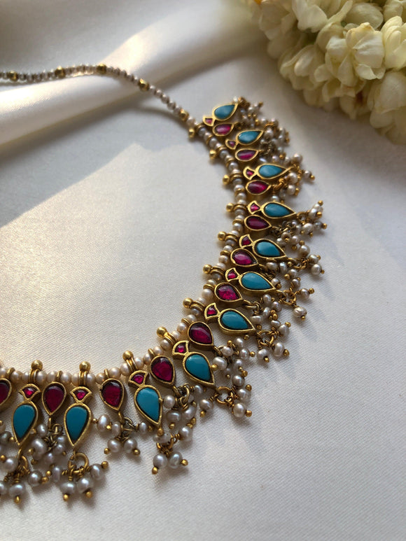 Kundan semi precious turquoise & ruby necklace with single line pearls mala-Silver Neckpiece-PL-House of Taamara