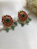 Kundan square earrings with green beads-Earrings-PL-House of Taamara
