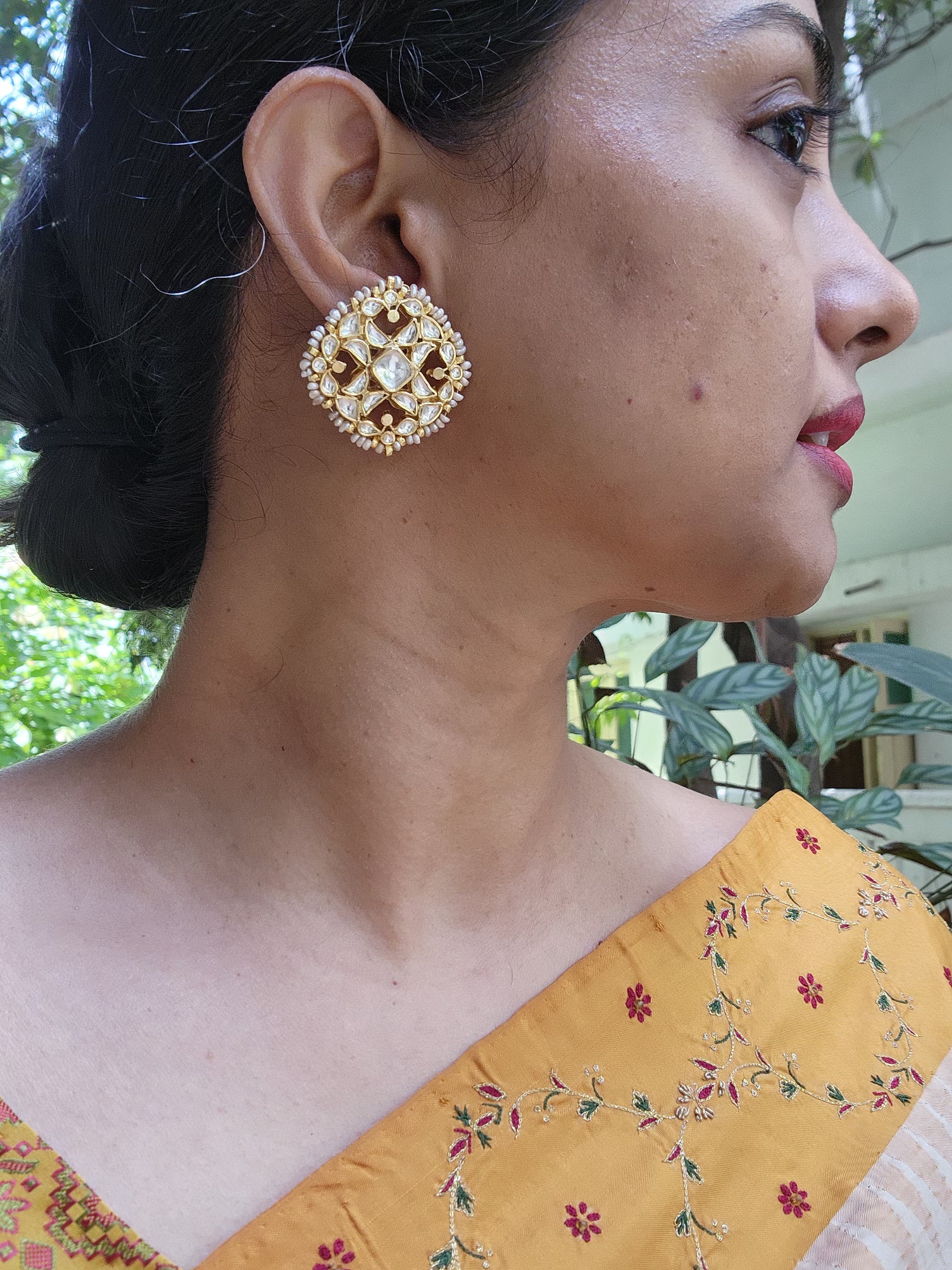 Kundan square earrings with pearls around-Earrings-PL-House of Taamara
