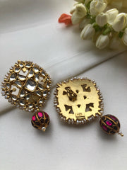 Kundan square earrings with ruby bead drop-Earrings-PL-House of Taamara