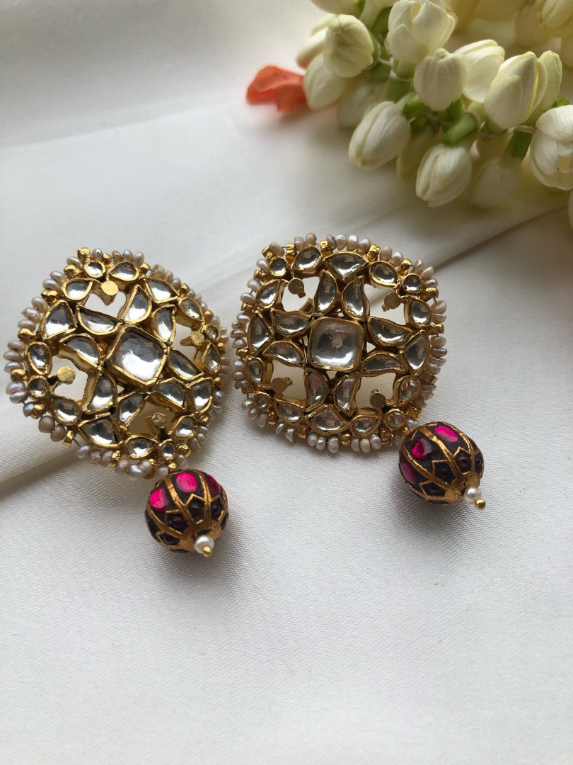 Kundan square earrings with ruby bead drop-Earrings-PL-House of Taamara