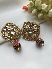 Kundan square earrings with ruby bead drop-Earrings-PL-House of Taamara