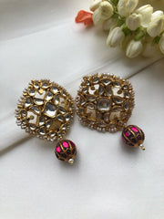 Kundan square earrings with ruby bead drop-Earrings-PL-House of Taamara