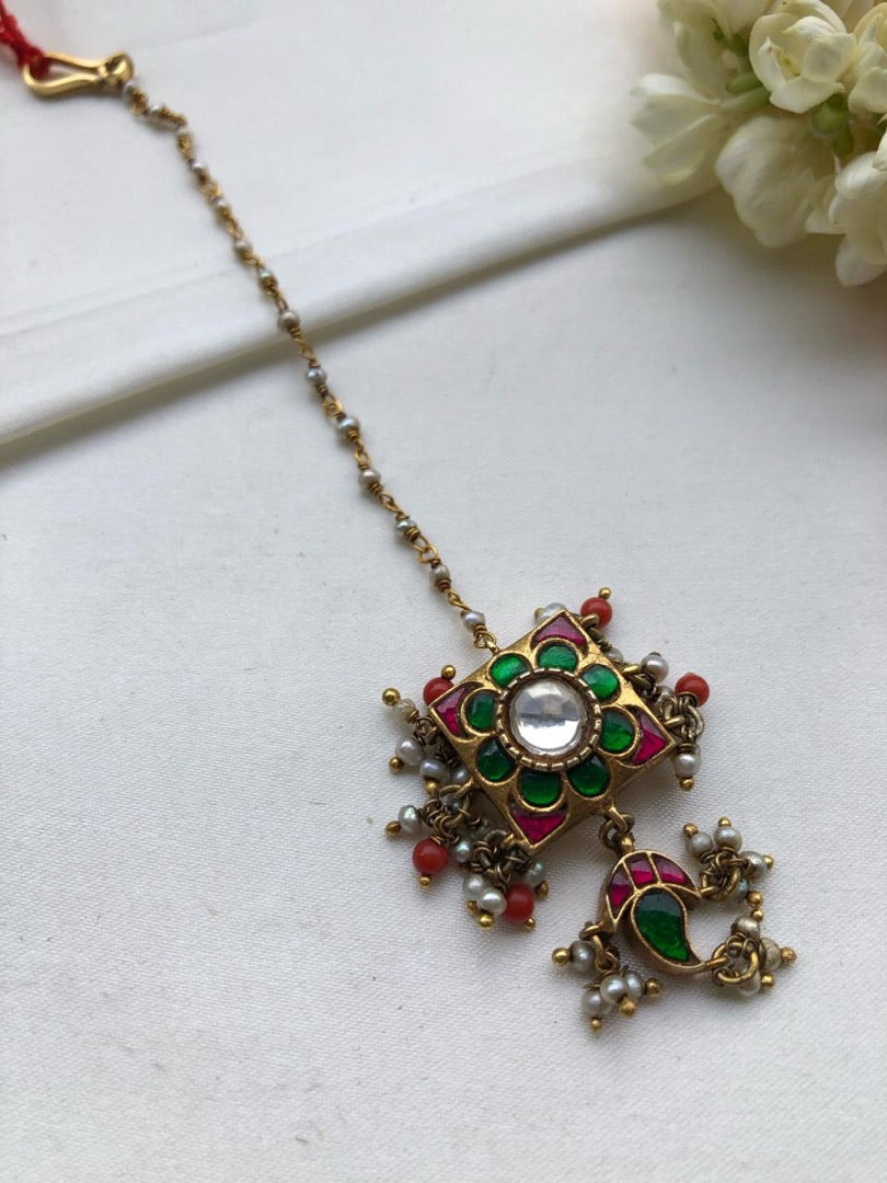 Kundan square maang tikka-Silver Neckpiece-PL-House of Taamara
