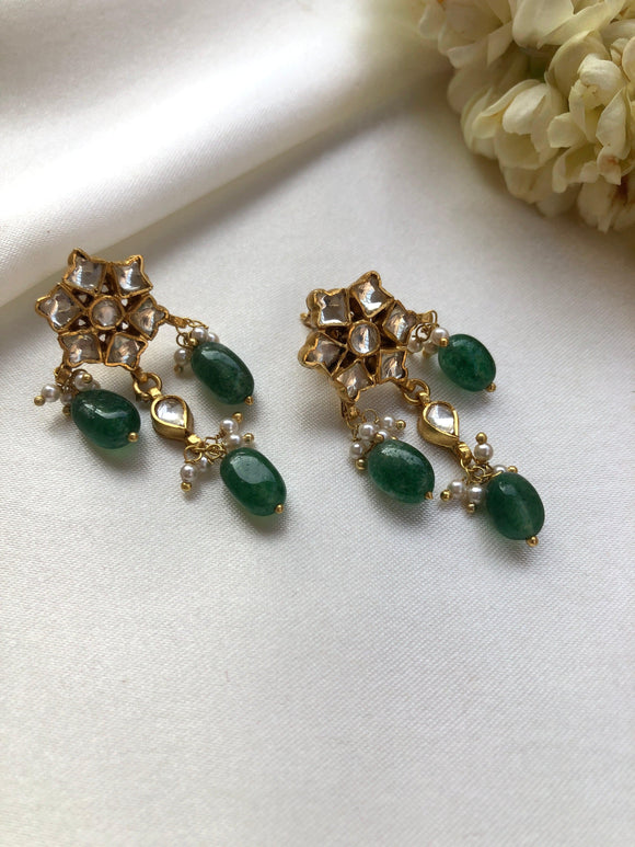 Kundan studds with green beads-Earrings-PL-House of Taamara