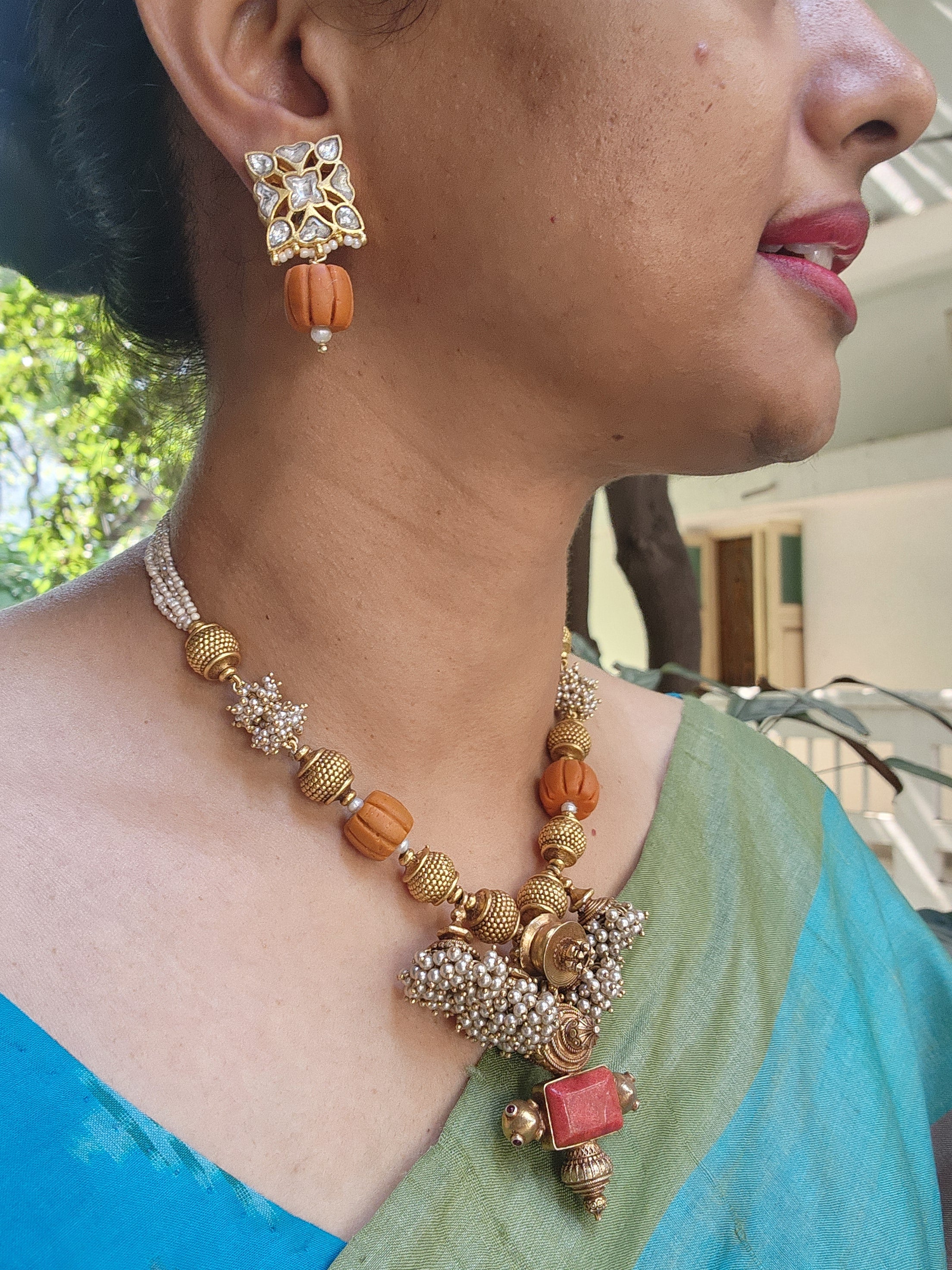 Kundan studs with coral drops-Earrings-PL-House of Taamara