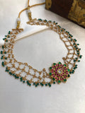 Kundan style centre pendant with layered pearls mala & green beads (MADE TO ORDER)-Silver Neckpiece-PL-House of Taamara