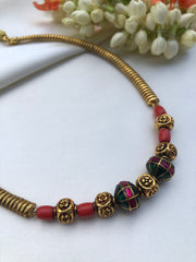 Kundan style & flower beads with corals necklace-Silver Neckpiece-PL-House of Taamara