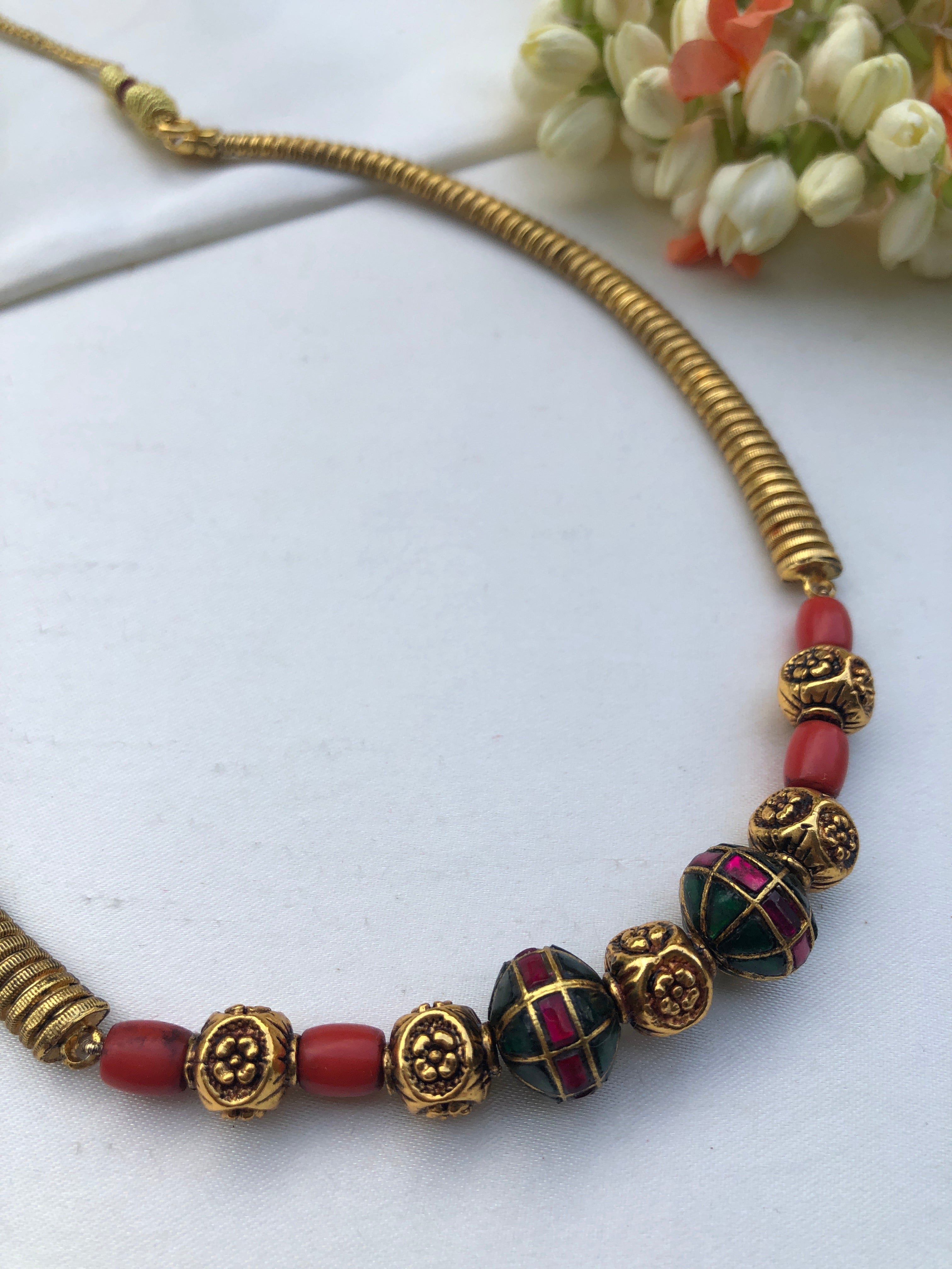 Kundan style & flower beads with corals necklace-Silver Neckpiece-PL-House of Taamara