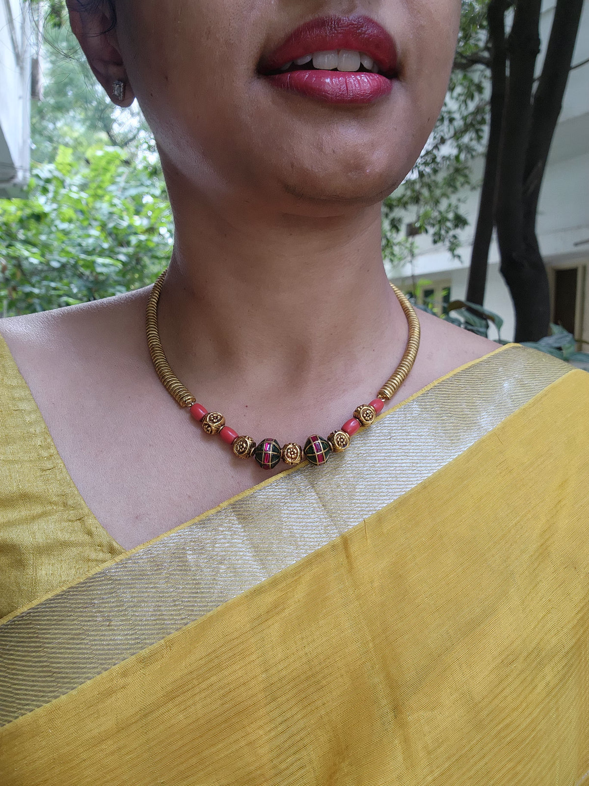 Kundan style & flower beads with corals necklace-Silver Neckpiece-PL-House of Taamara