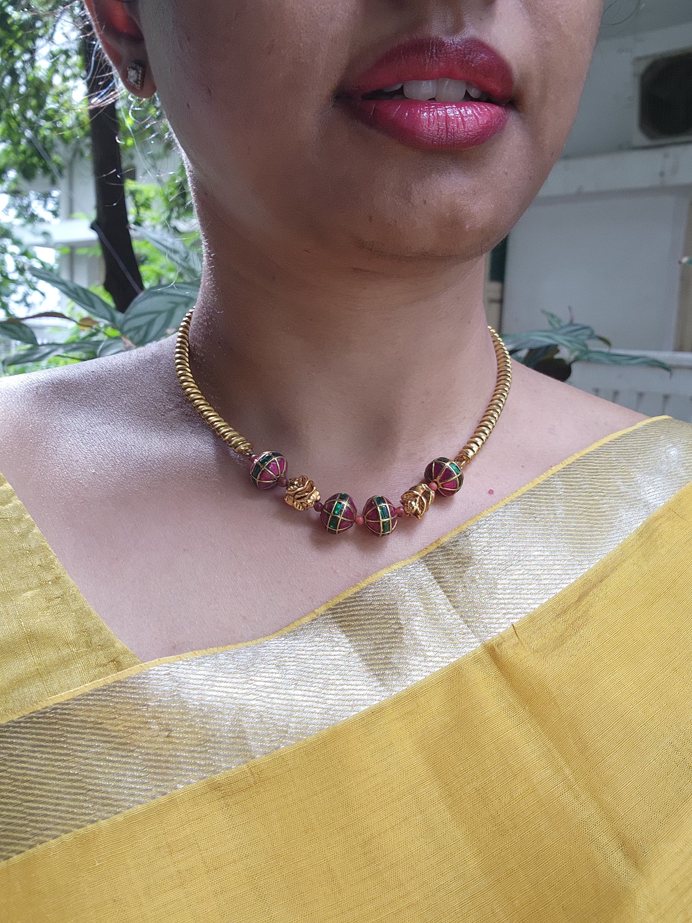 Kundan style & flower beads with small corals necklace-Silver Neckpiece-PL-House of Taamara