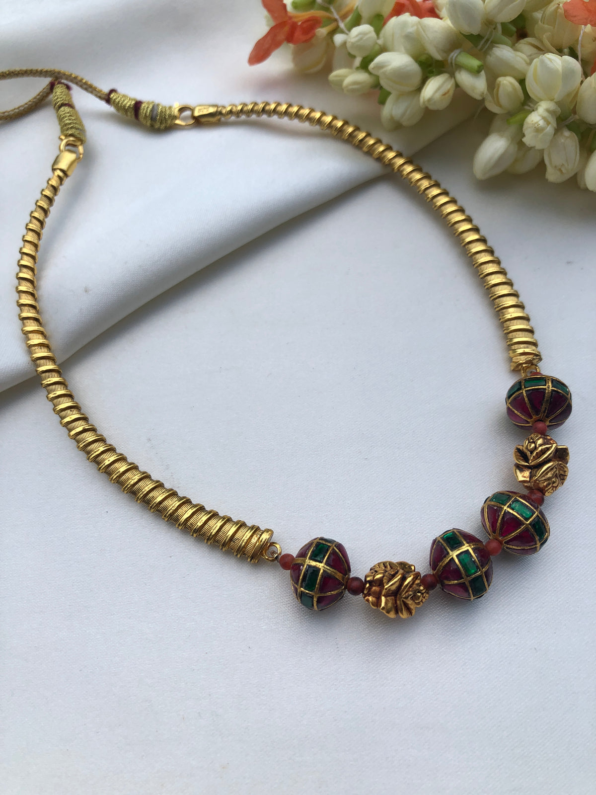 Kundan style & flower beads with small corals necklace-Silver Neckpiece-PL-House of Taamara