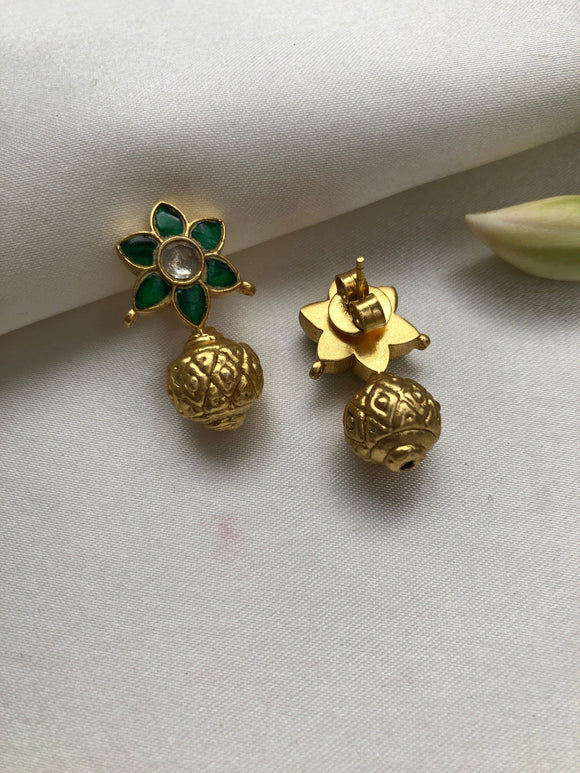 Kundan style green earrings with gold polish bead-Earrings-PL-House of Taamara
