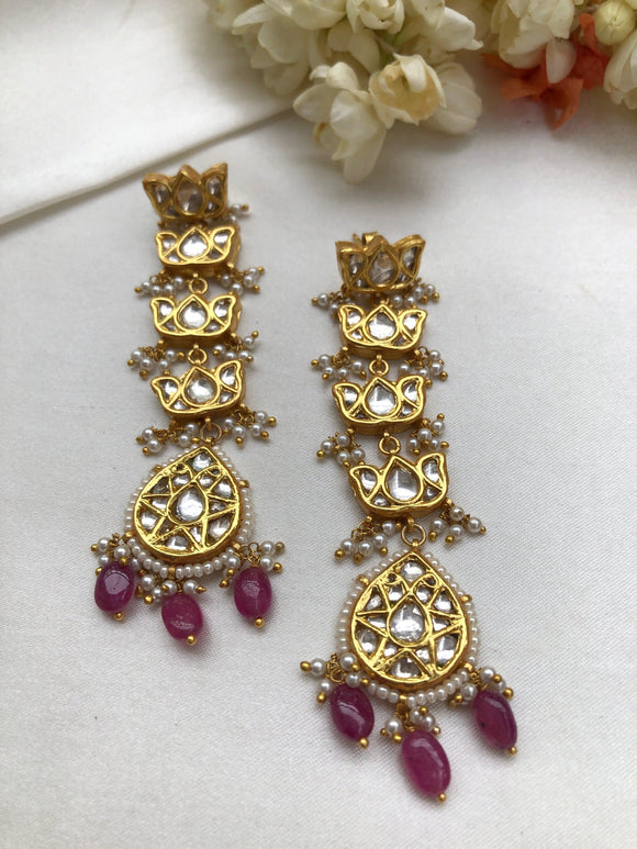 Kundan style lotus long earrings with pink tourmalines-Earrings-PL-House of Taamara