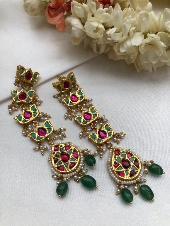 Kundan style lotus long earrings with turquoise and ruby-Earrings-PL-House of Taamara