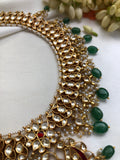 Kundan style necklace with pearls & green onyx drops-Silver Neckpiece-PL-House of Taamara
