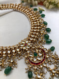 Kundan style necklace with pearls & green onyx drops-Silver Neckpiece-PL-House of Taamara