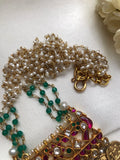Kundan style pendant with kasu coins, pearls & green beads mala-Silver Neckpiece-PL-House of Taamara
