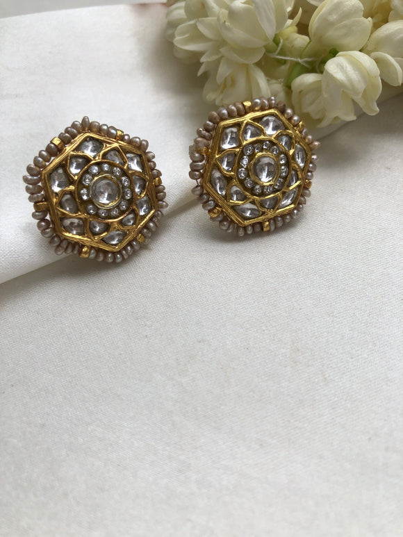 Kundan style round earrings with zircon & pearls-Earrings-PL-House of Taamara