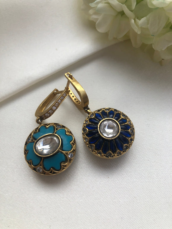 Kundan turquoise & blue reversible earrings-Earrings-PL-House of Taamara
