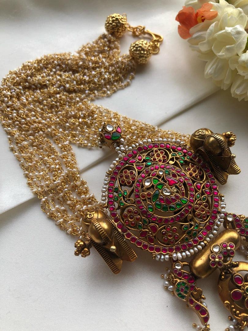 Kundan vintage style large statement pendant with pearls bunch-Silver Neckpiece-PL-House of Taamara