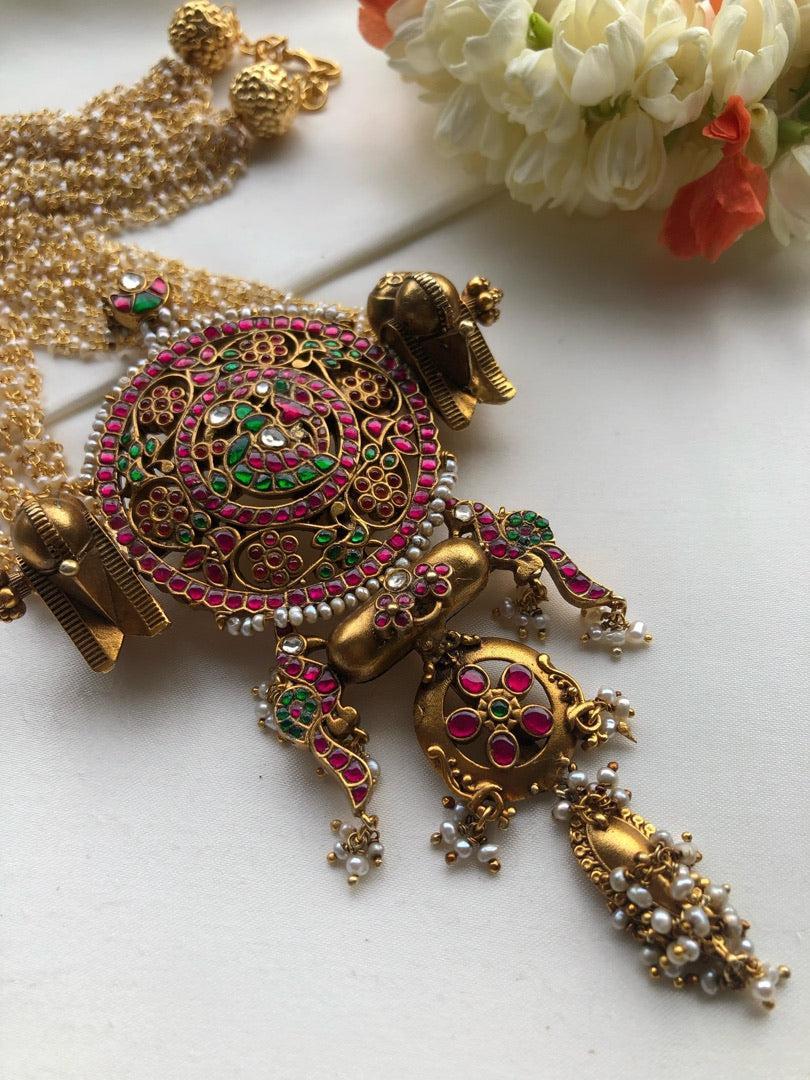 Kundan vintage style large statement pendant with pearls bunch-Silver Neckpiece-PL-House of Taamara