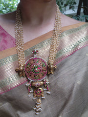 Kundan vintage style large statement pendant with pearls bunch-Silver Neckpiece-PL-House of Taamara