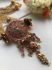 Kundan vintage style large statement pendant with pearls bunch-Silver Neckpiece-PL-House of Taamara