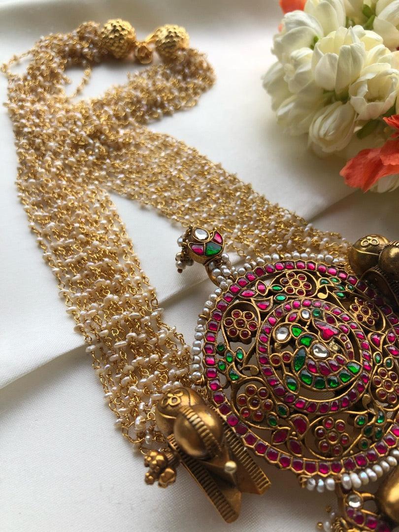 Kundan vintage style large statement pendant with pearls bunch-Silver Neckpiece-PL-House of Taamara