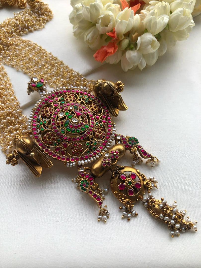 Kundan vintage style large statement pendant with pearls bunch-Silver Neckpiece-PL-House of Taamara