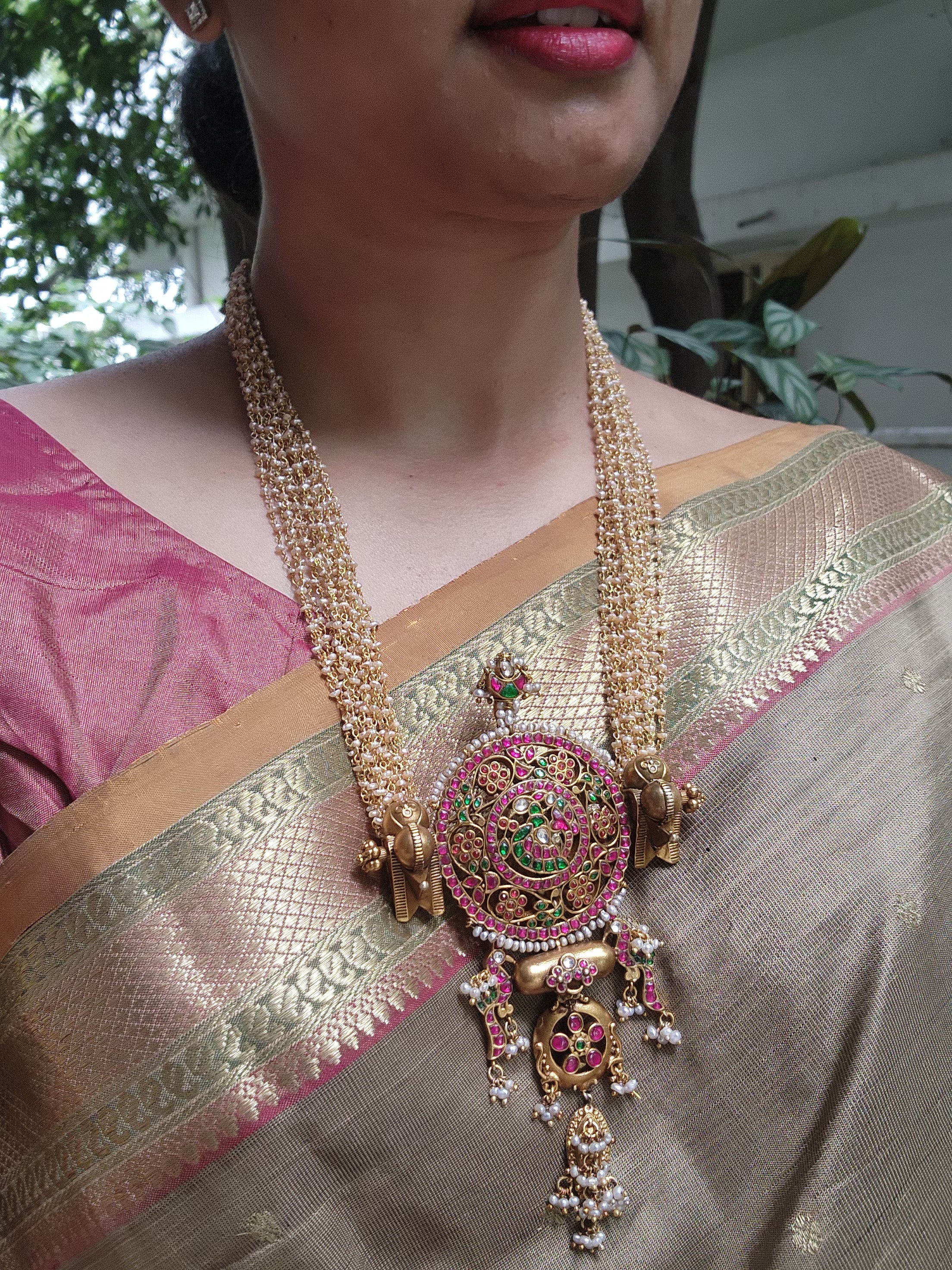 Kundan vintage style large statement pendant with pearls bunch-Silver Neckpiece-PL-House of Taamara