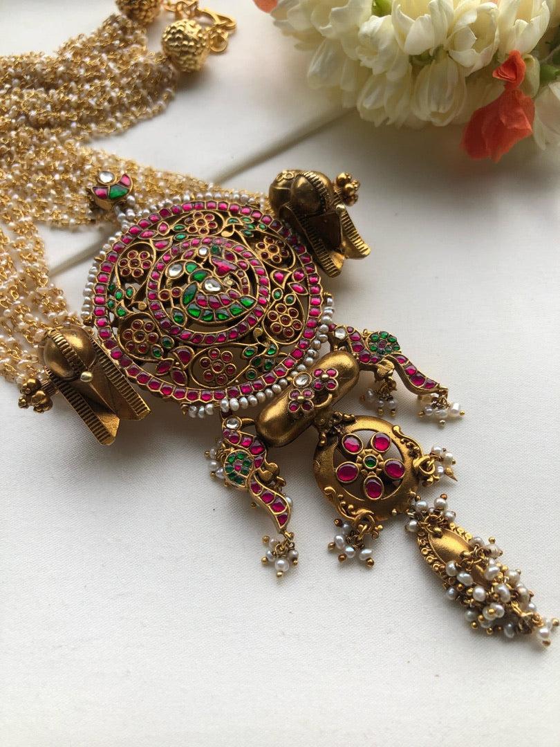 Kundan vintage style large statement pendant with pearls bunch-Silver Neckpiece-PL-House of Taamara