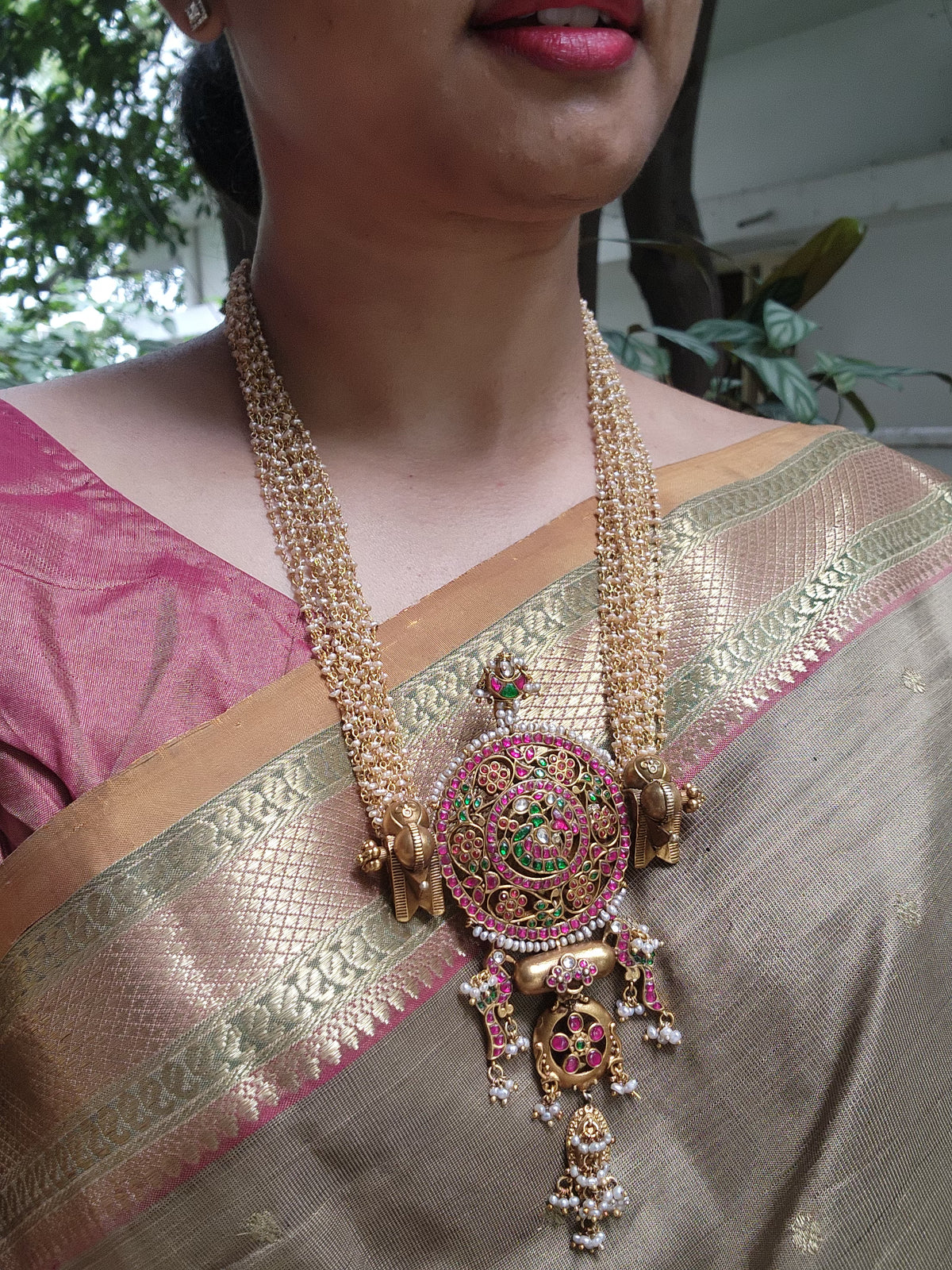 Kundan vintage style large statement pendant with pearls bunch-Silver Neckpiece-PL-House of Taamara