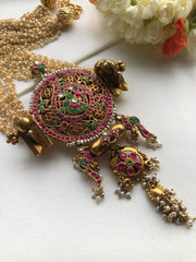 Kundan vintage style large statement pendant with pearls bunch-Silver Neckpiece-PL-House of Taamara
