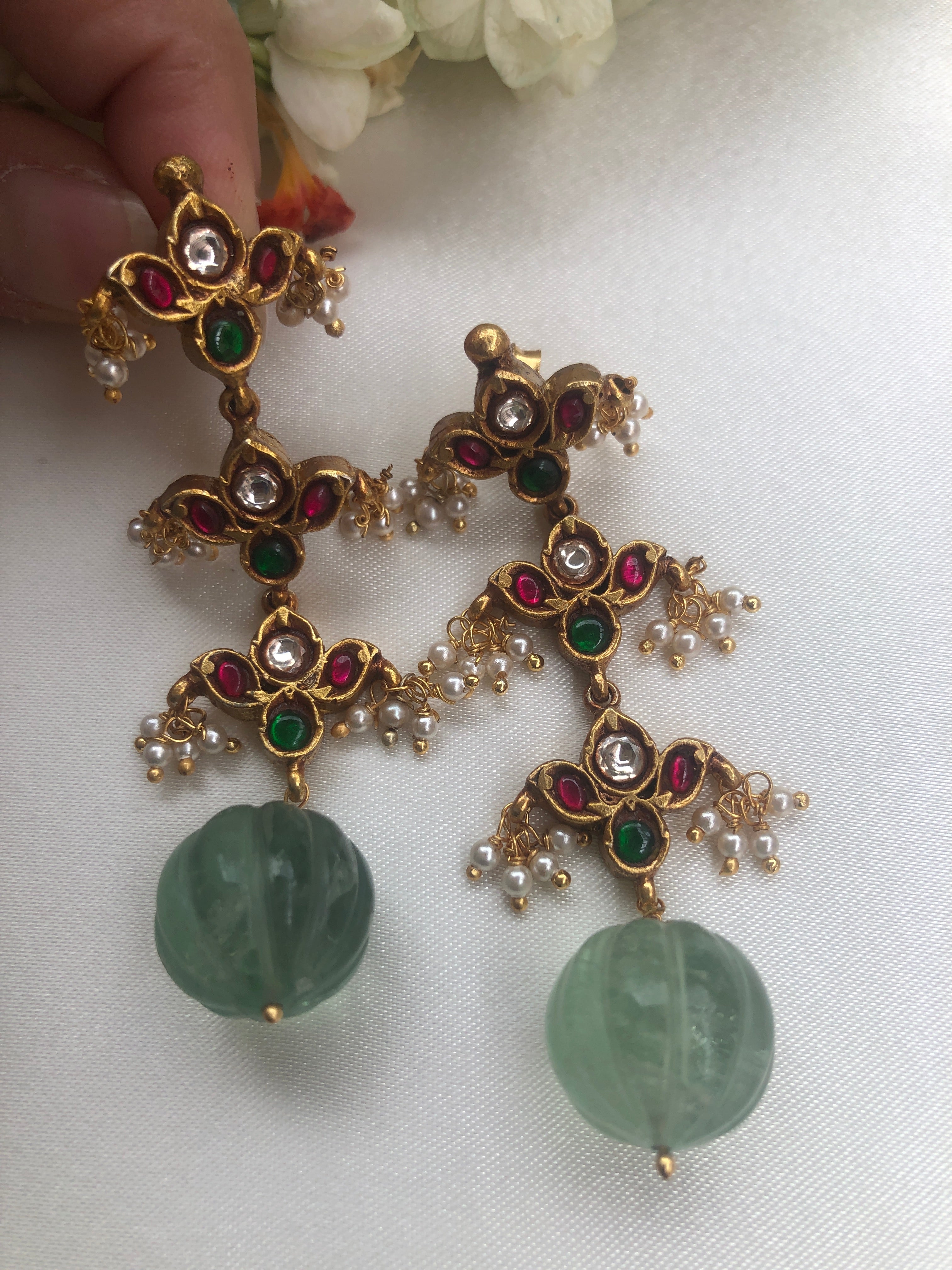 Kundan with Green tourmaline bead long earrings-Earrings-PL-House of Taamara