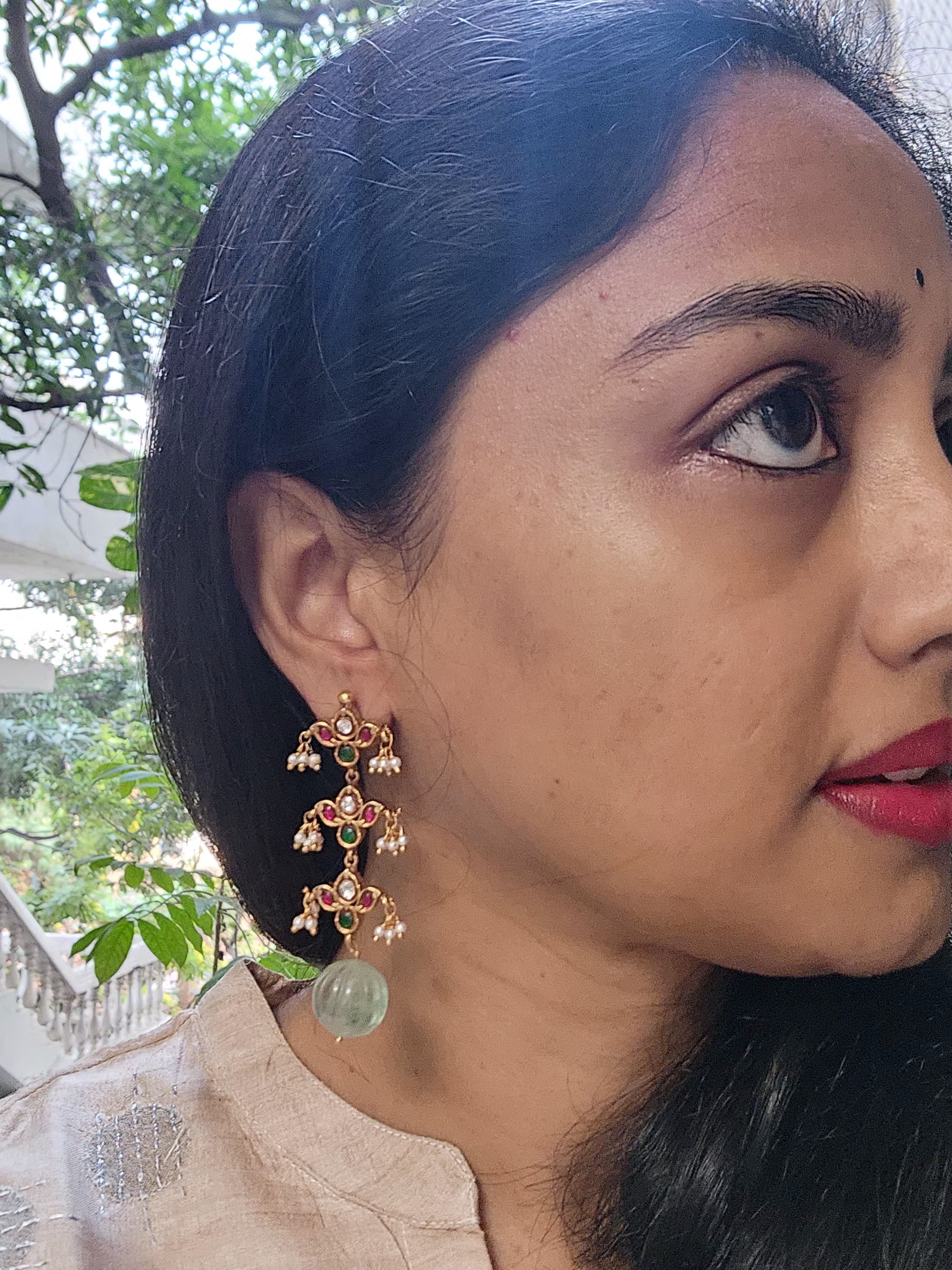 Kundan with Green tourmaline bead long earrings-Earrings-PL-House of Taamara