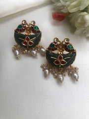 Kundan with Jade & intricate peacock with inlay work earrings-Earrings-PL-House of Taamara