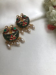 Kundan with Jade & intricate peacock with inlay work earrings-Earrings-PL-House of Taamara