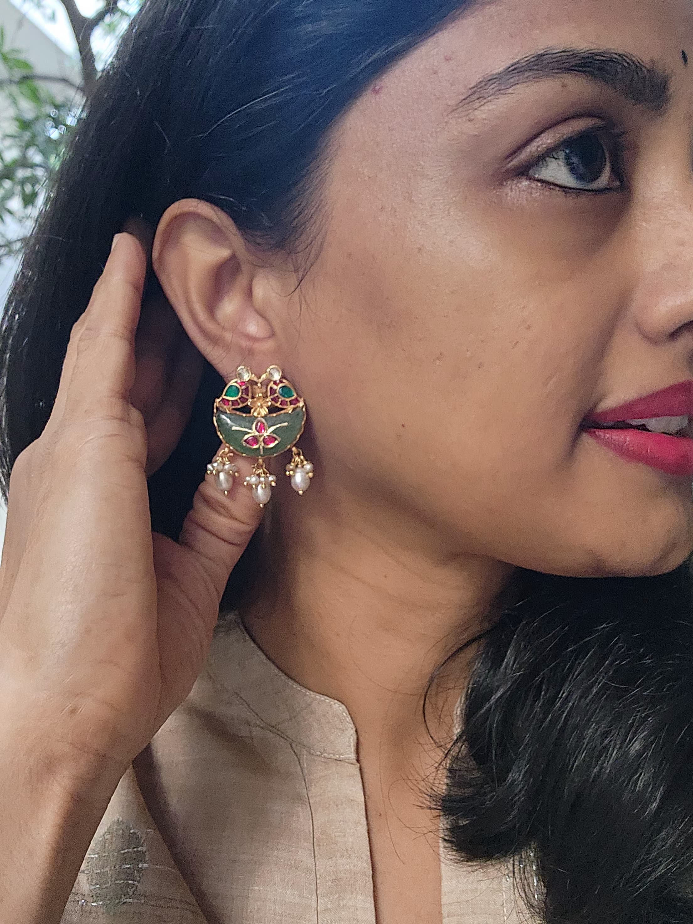 Kundan with Jade & intricate peacock with inlay work earrings-Earrings-PL-House of Taamara