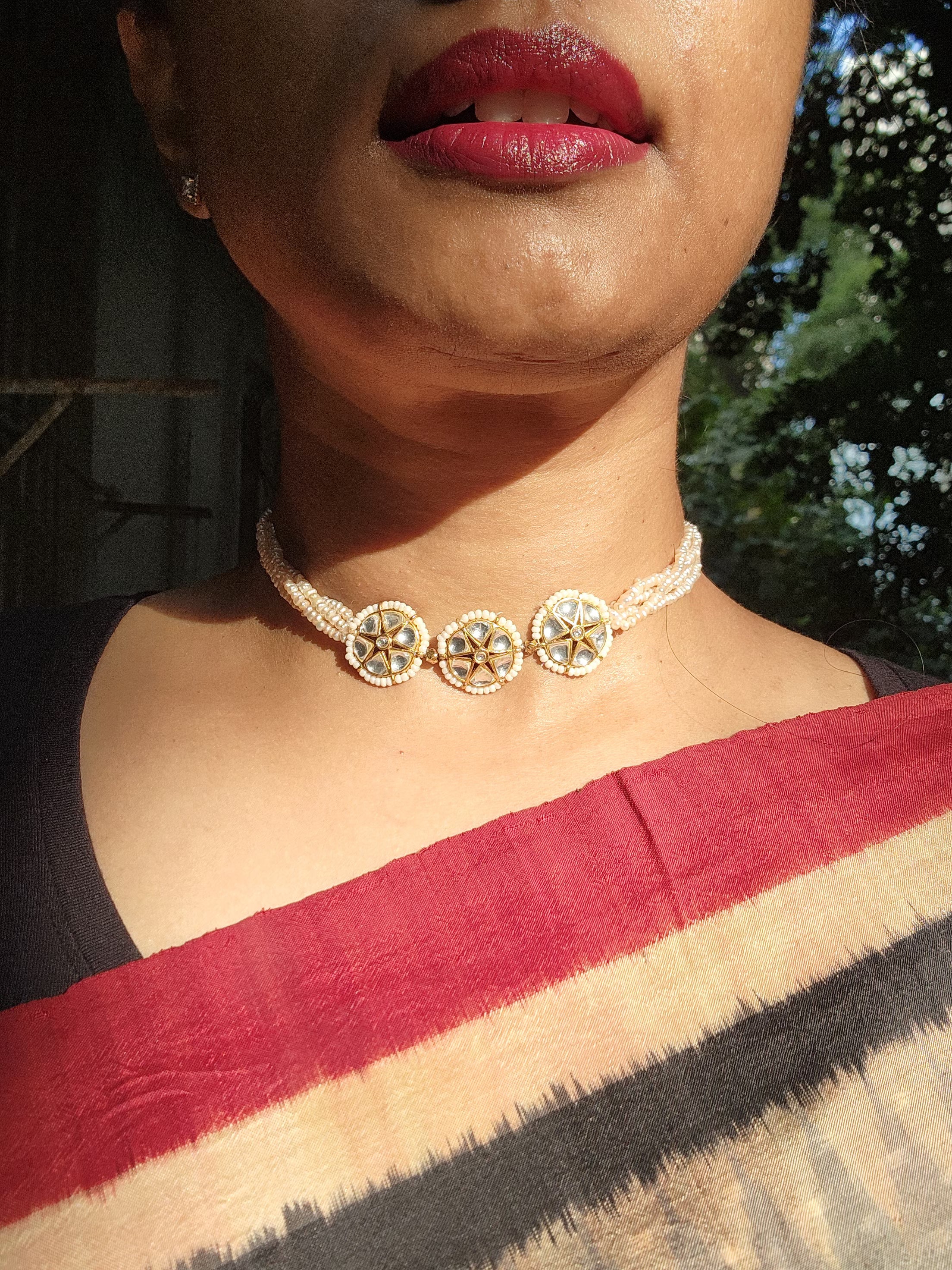 Kundan with antique pearls choker-Silver Neckpiece-PL-House of Taamara
