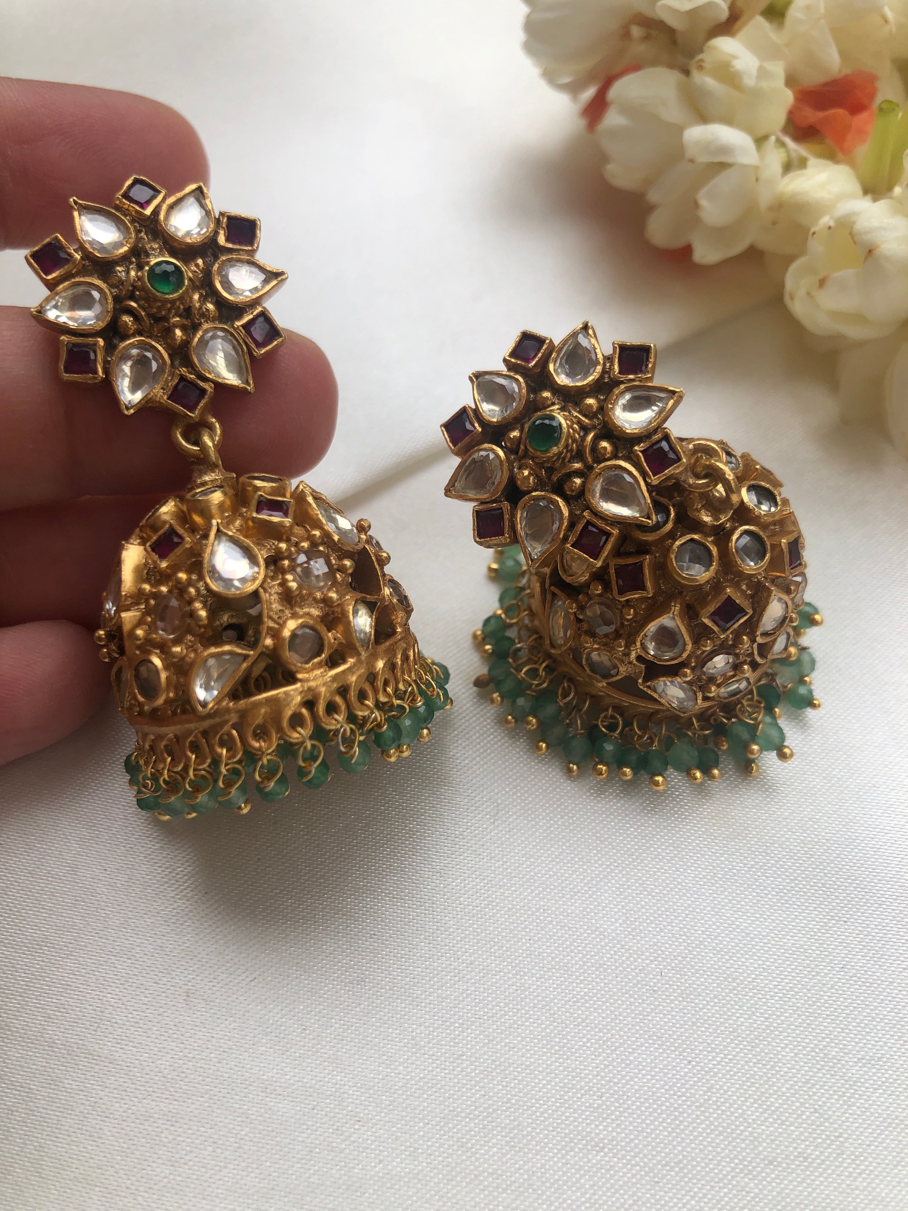 Kundan zircon and ruby with green beads hangings-Earrings-PL-House of Taamara