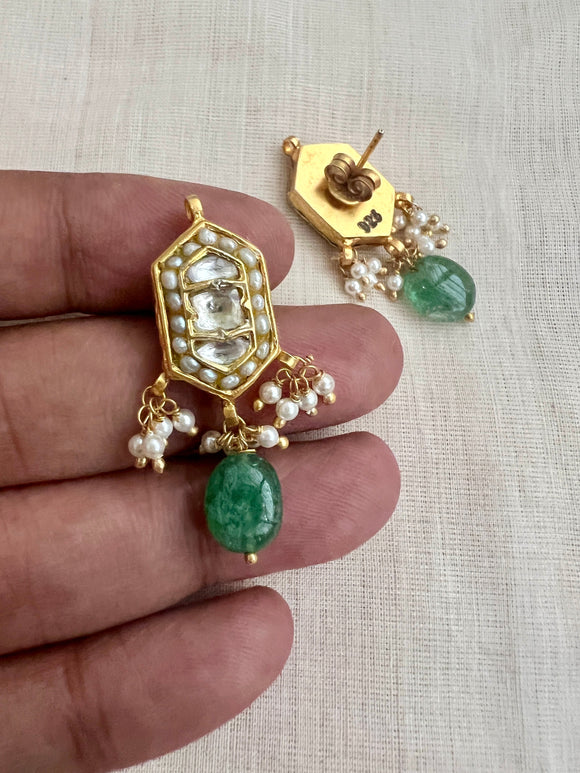 Kundan zircon earrings with green onyx bead-Earrings-PL-House of Taamara
