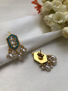Kundans and turquoise earrings with pearls bunch-Earrings-PL-House of Taamara