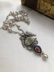 Lapis & intricate kundan pendant with pearls and silver chain-Silver Neckpiece-PL-House of Taamara