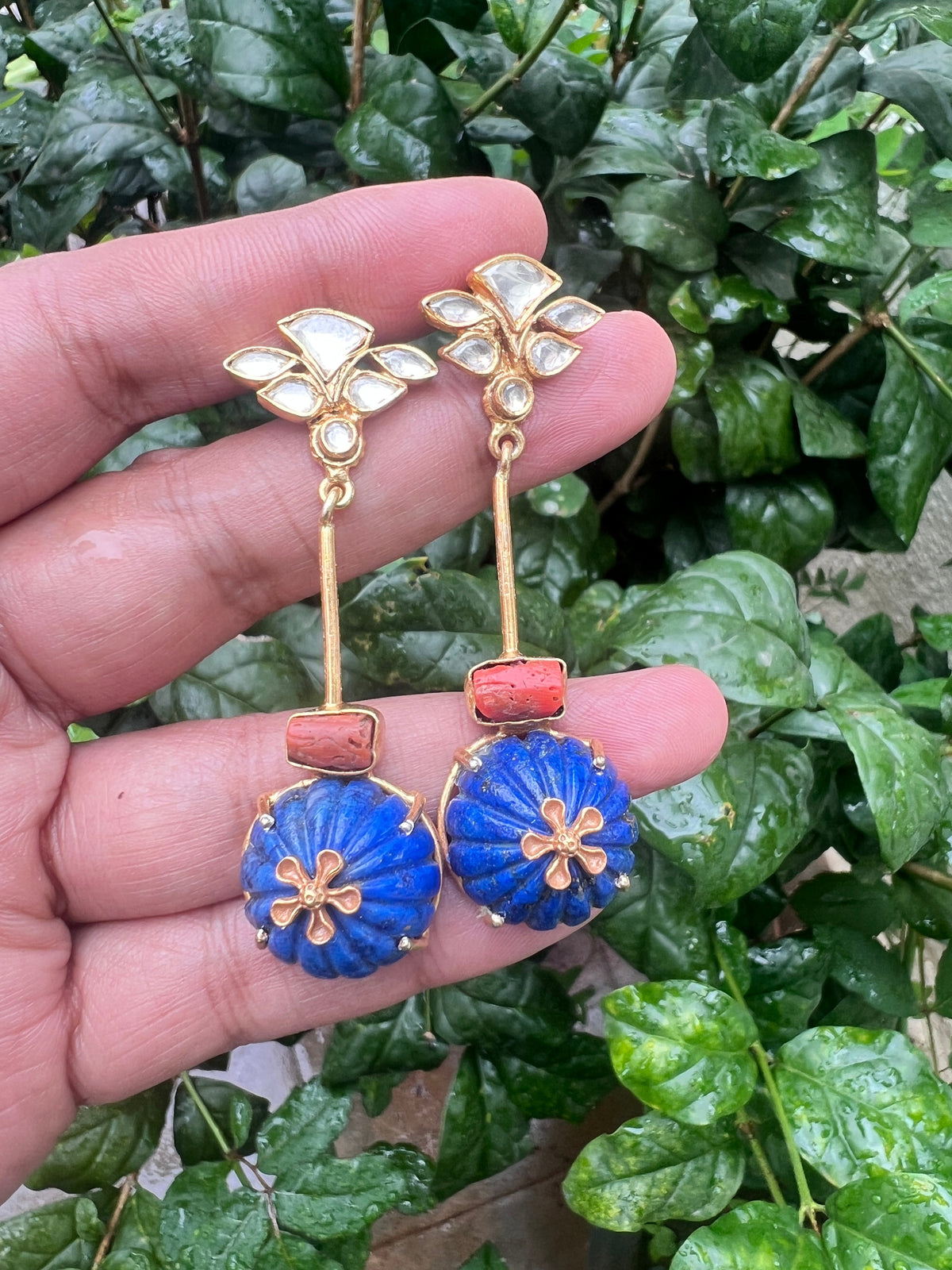 Lapis & kundan with coral earrings-Earrings-PL-House of Taamara