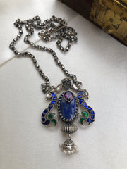 Lapis stone and kundan peacock and silver chain-Silver Neckpiece-PL-House of Taamara