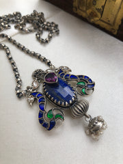 Lapis stone and kundan peacock and silver chain-Silver Neckpiece-PL-House of Taamara